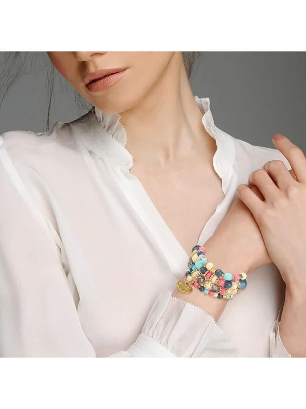 Stackable Bead Bracelets Ladies Stretch Multilayer Bracelet Set - Multicolor - Picture 8 of 8